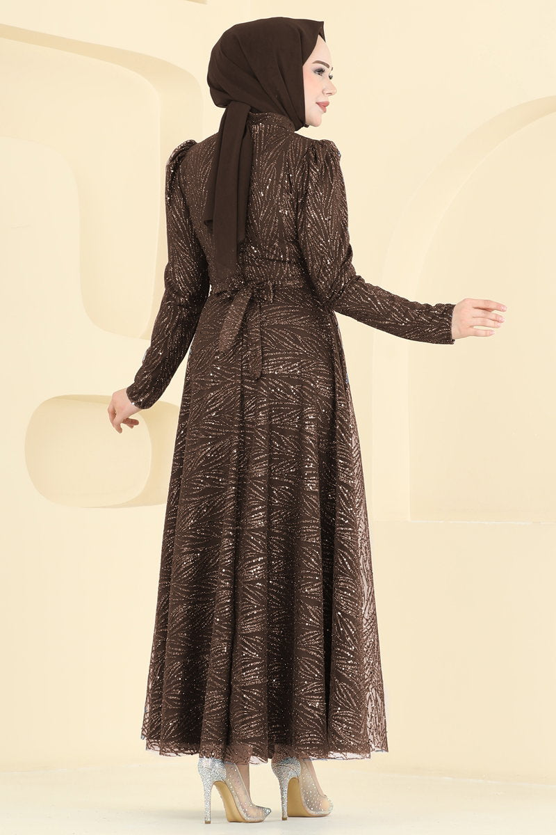 Mandarin-Collar Glitter Tulle Evening Dress - Brown