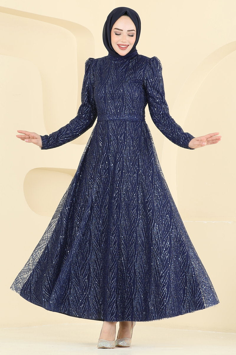 Mandarin-Collar Glitter Tulle Evening Dress - Navy