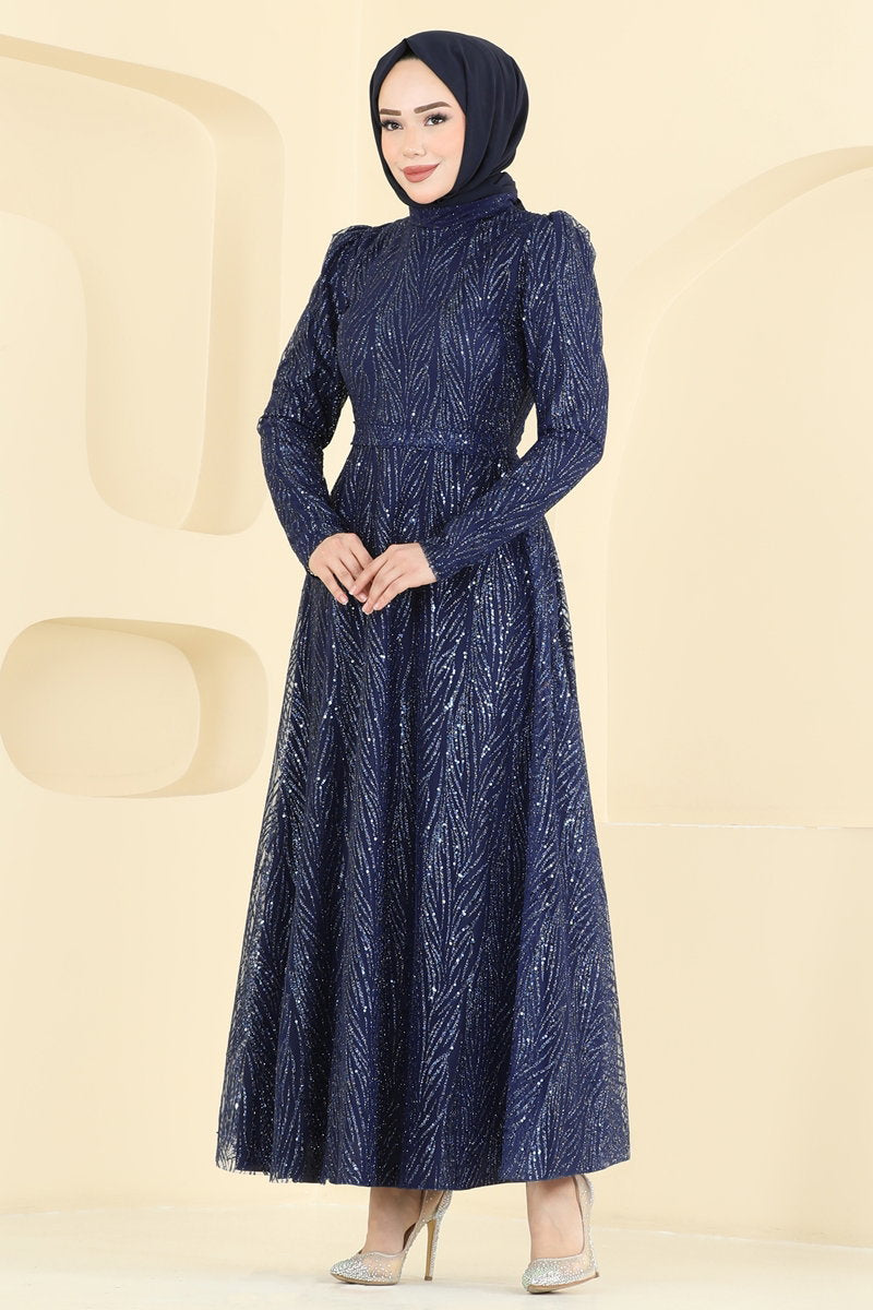 Mandarin-Collar Glitter Tulle Evening Dress - Navy