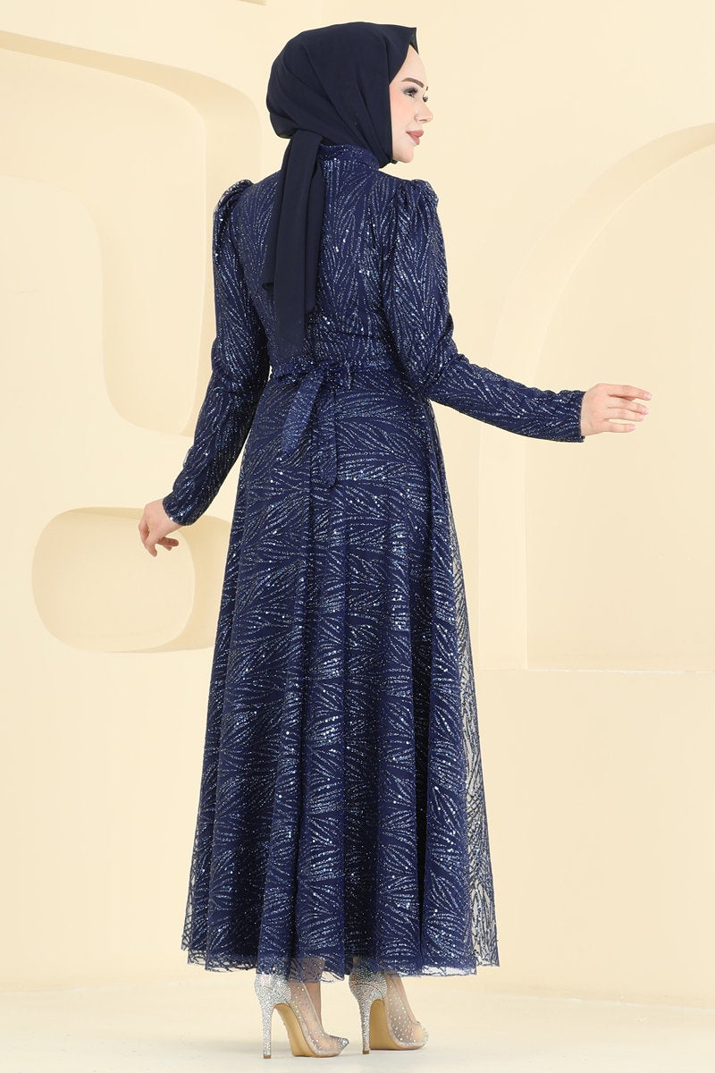 Mandarin-Collar Glitter Tulle Evening Dress - Navy