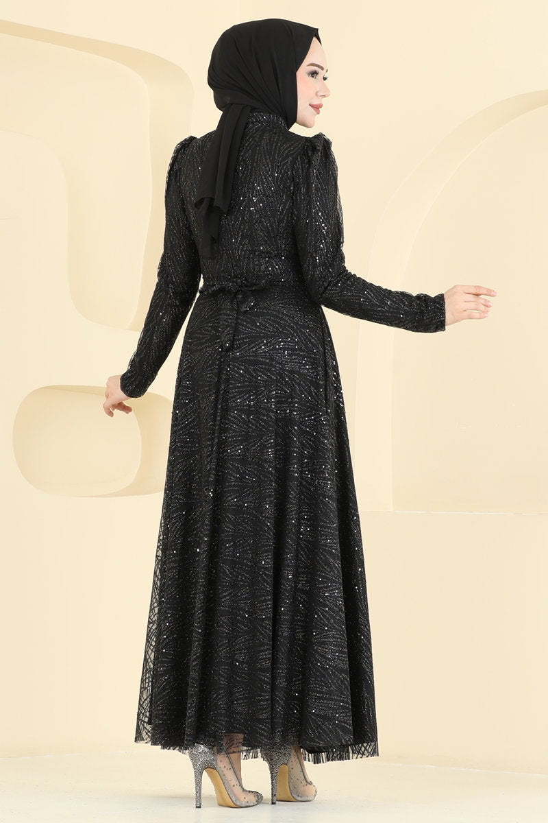 Mandarin-Collar Glitter Tulle Evening Dress - Black