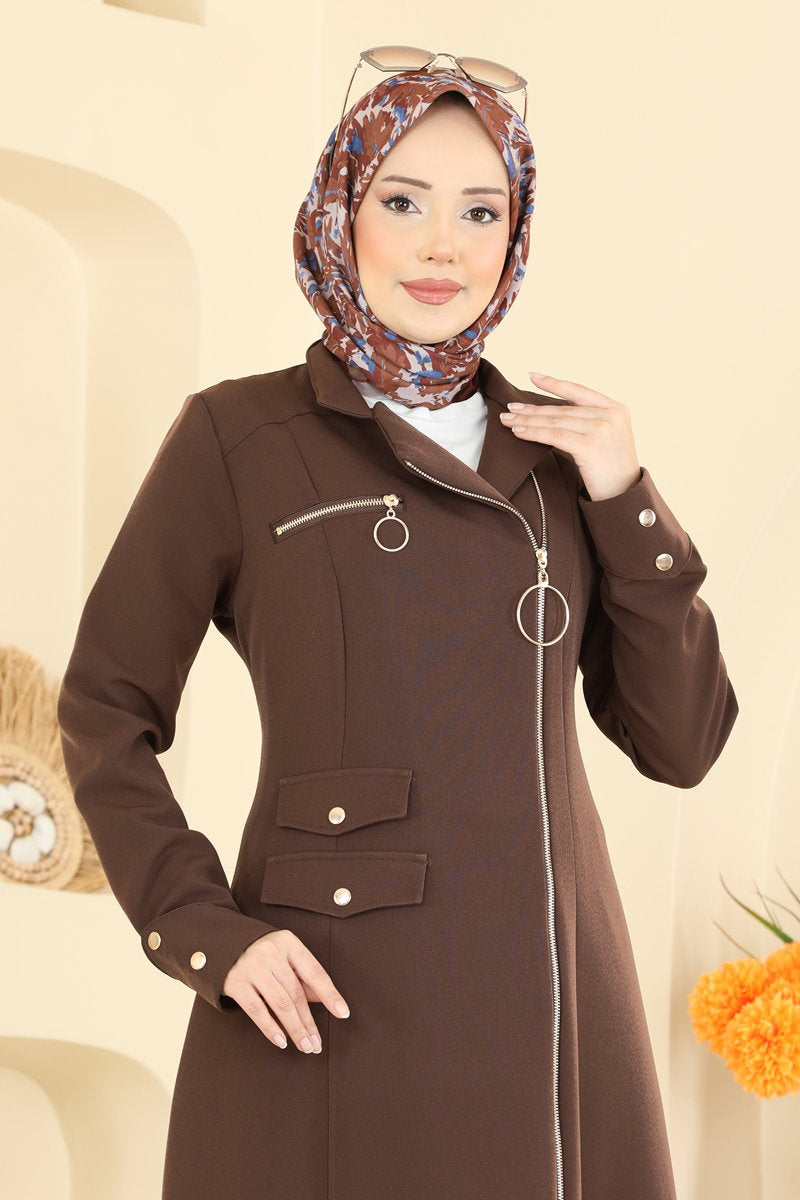 Double Knit Abaya Coat with Ring Zip - Brown