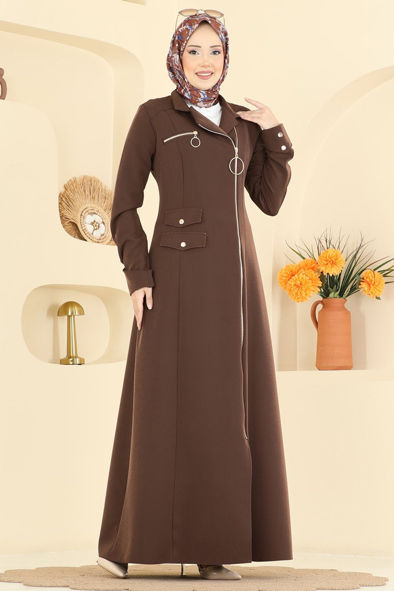 Double Knit Abaya Coat with Ring Zip - Brown