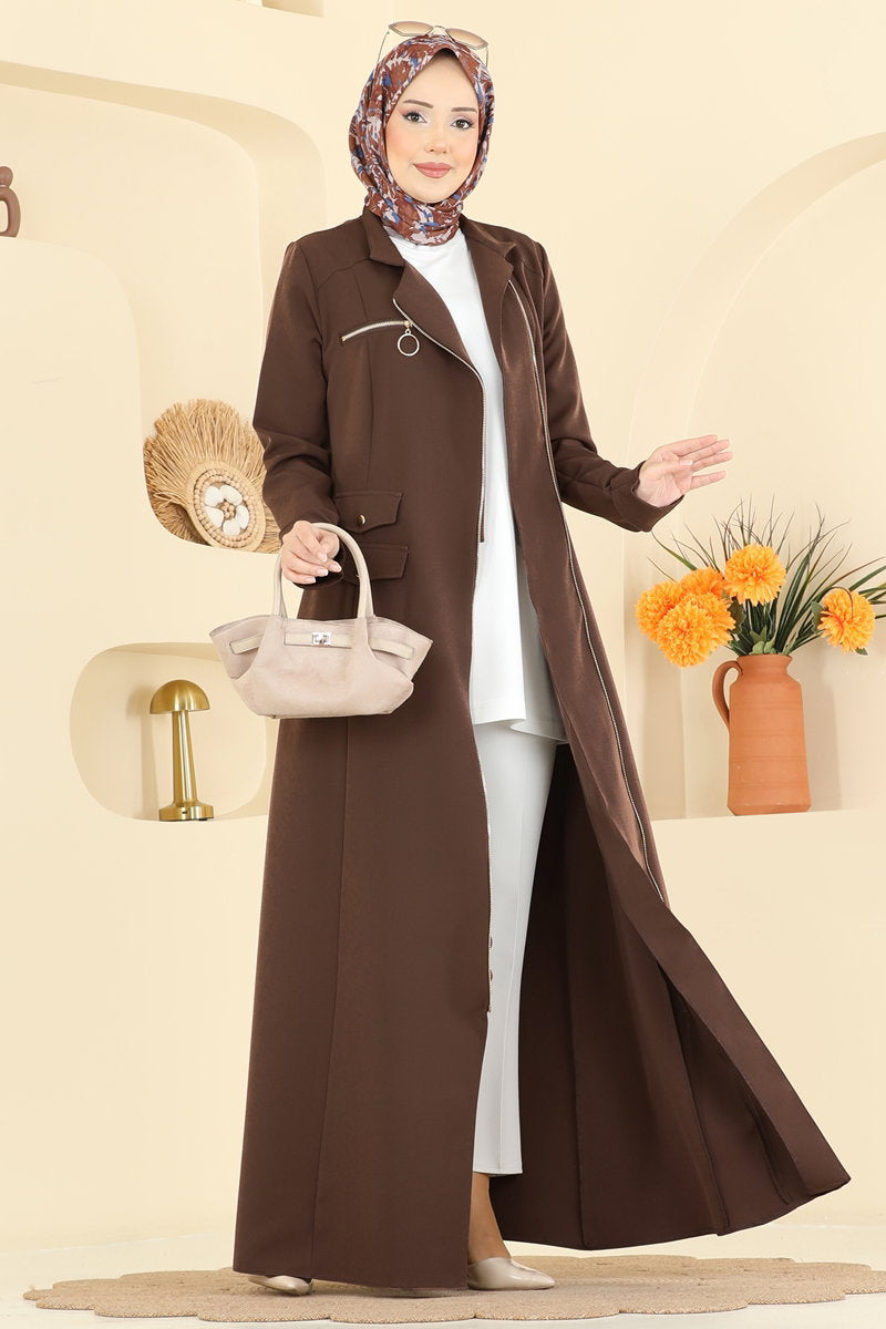 Double Knit Abaya Coat with Ring Zip - Brown