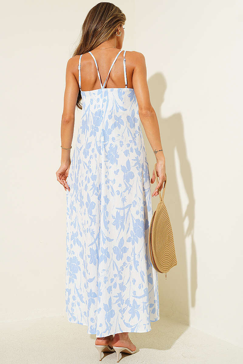 Strappy Printed Dress with Ring Chain - Blue