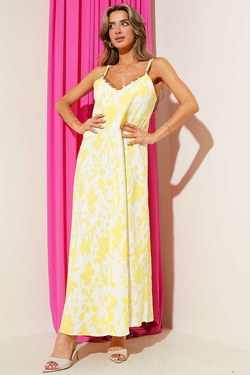 Strappy Printed Dress with Ring Chain - Yellow