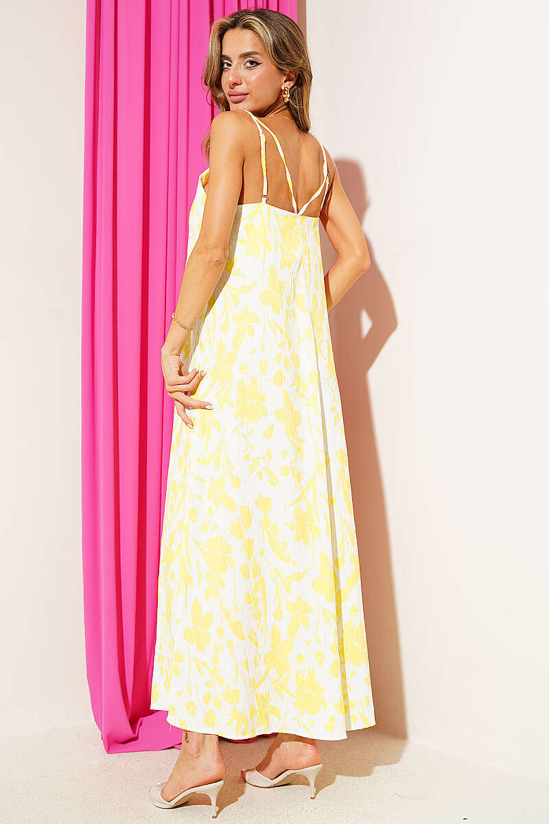 Strappy Printed Dress with Ring Chain - Yellow