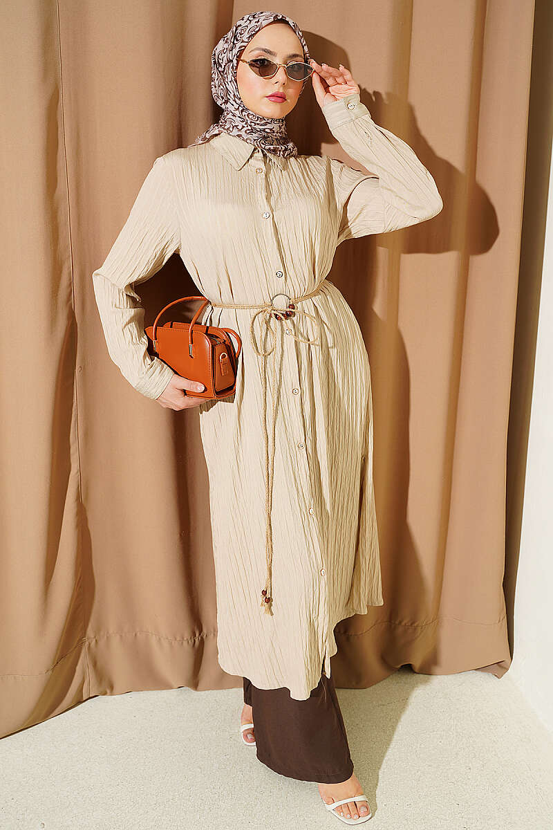 Long Shirt with Straw Cord - Beige