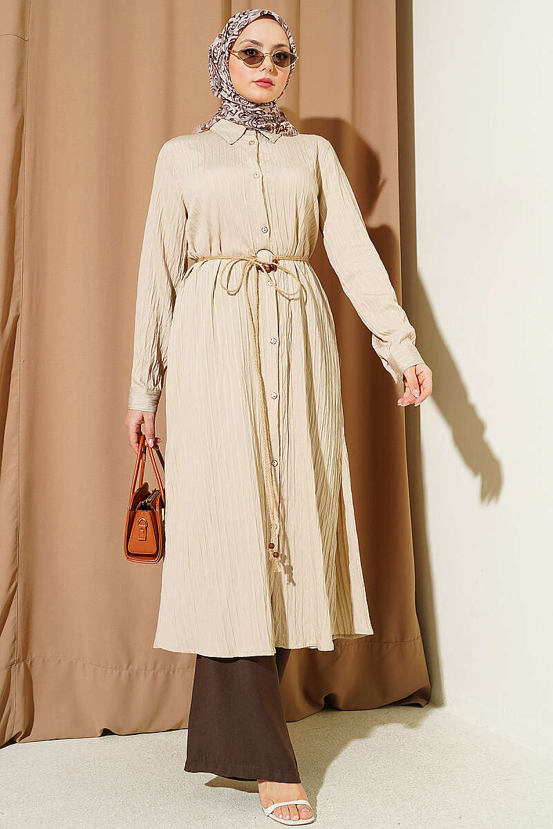 Long Shirt with Straw Cord - Beige