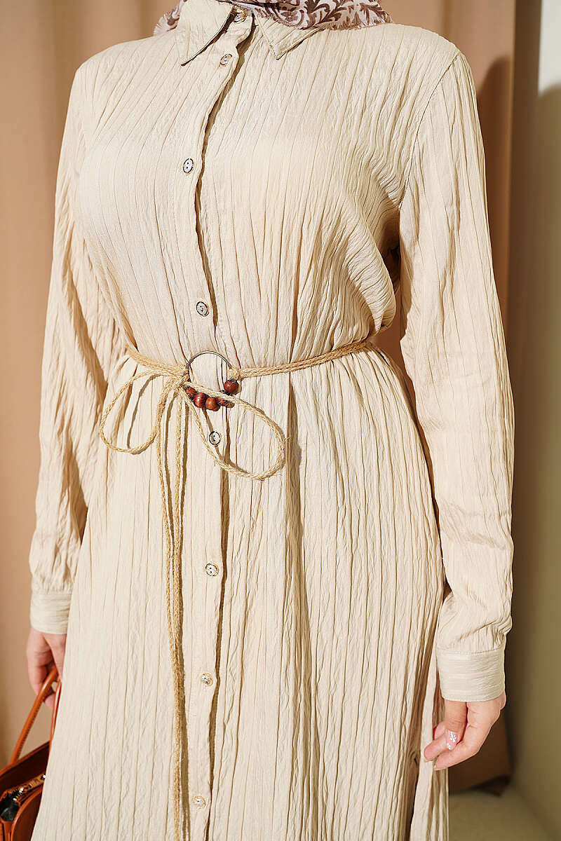 Long Shirt with Straw Cord - Beige
