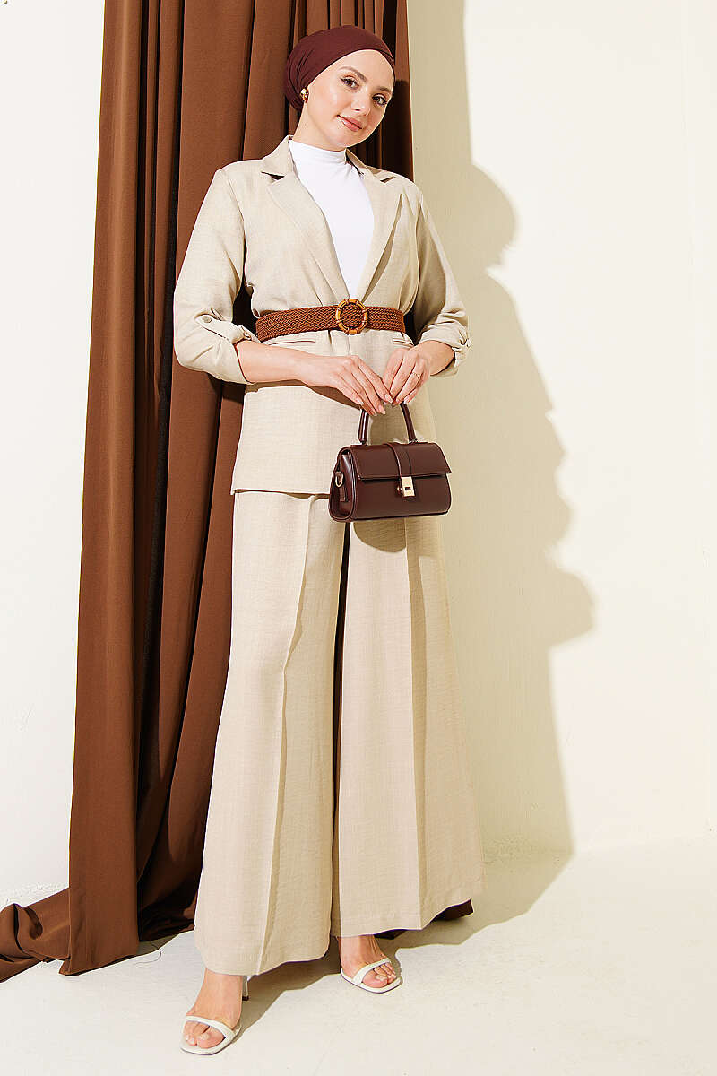 Jacket Two-Piece Set with Straw Belt - Beige