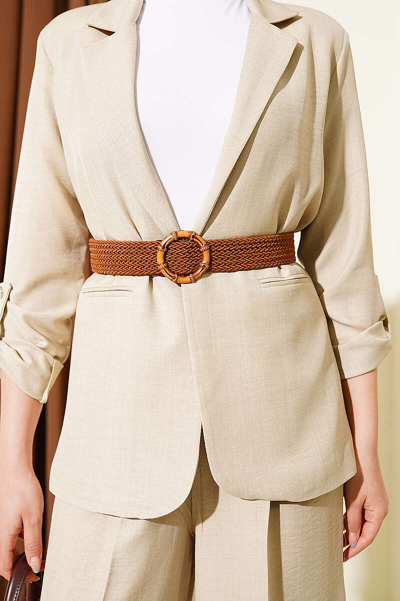 Jacket Two-Piece Set with Straw Belt - Beige
