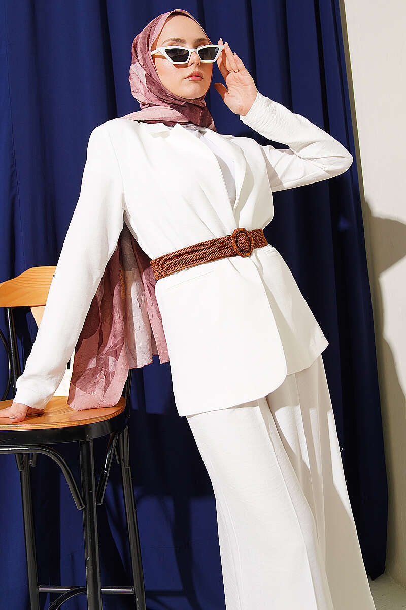 Jacket Two-Piece Set with Straw Belt - Ecru