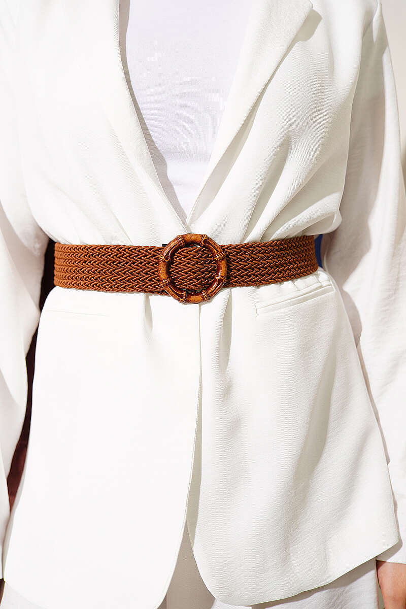 Jacket Two-Piece Set with Straw Belt - Ecru