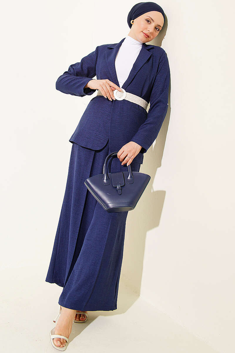 Jacket Two-Piece Set with Straw Belt - Navy