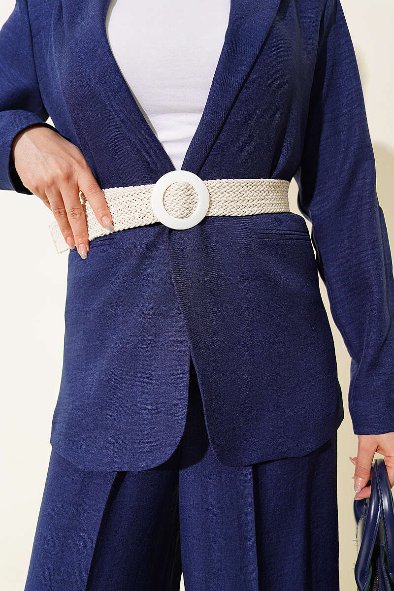 Jacket Two-Piece Set with Straw Belt - Navy