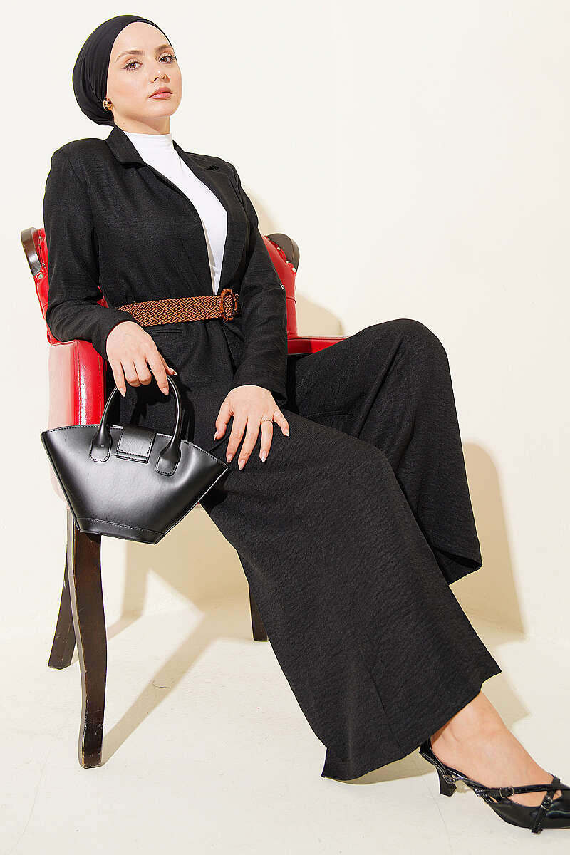 Jacket Two-Piece Set with Straw Belt - Black