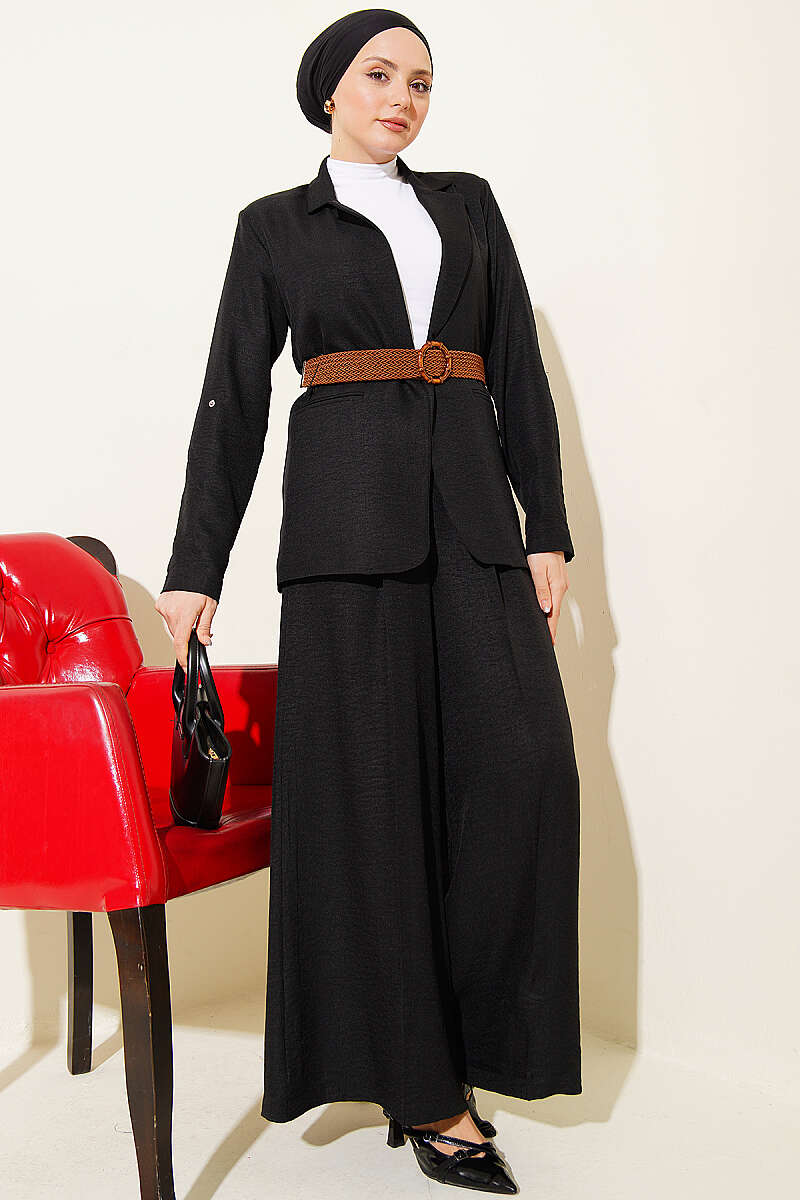 Jacket Two-Piece Set with Straw Belt - Black
