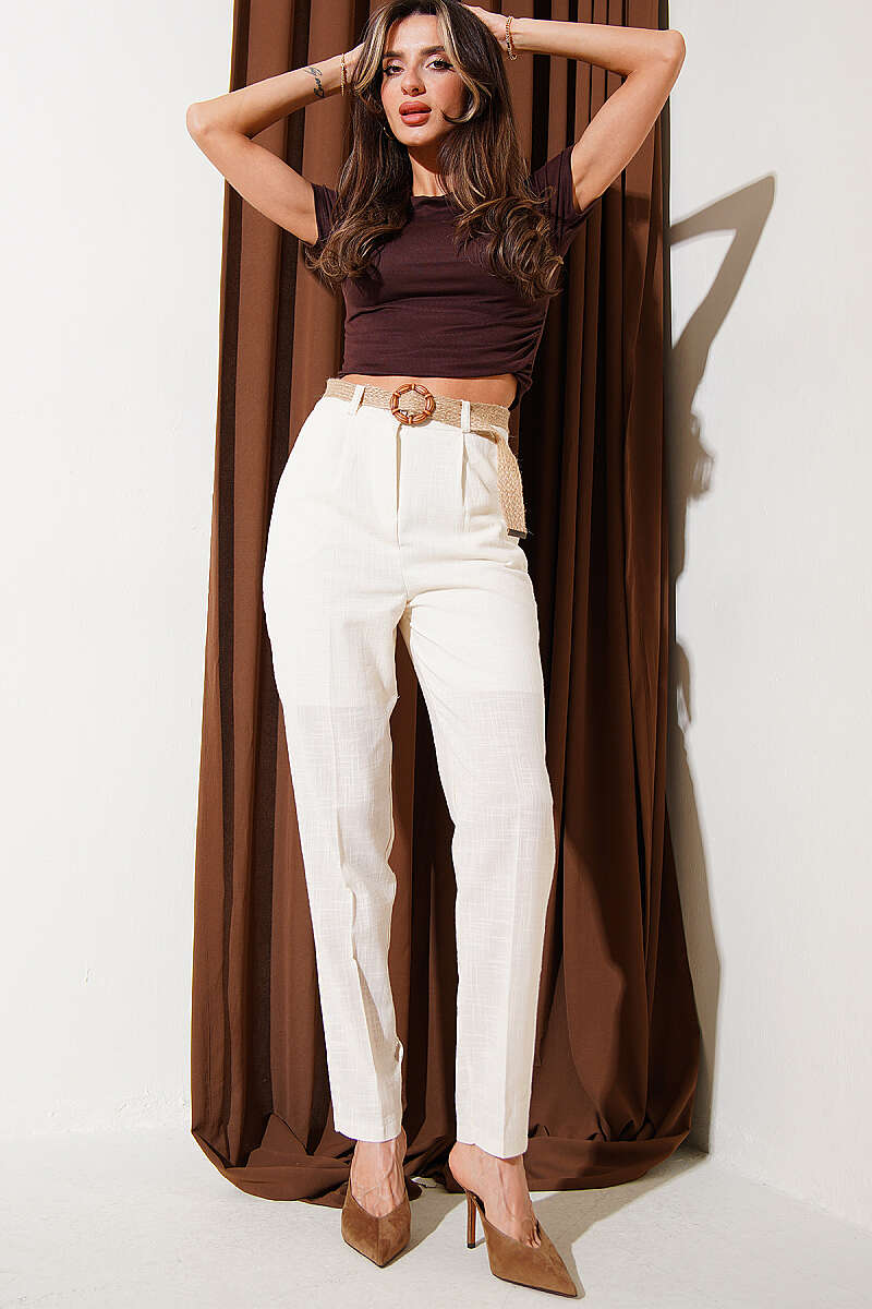 Slim-Leg Linen Trousers with Straw Belt - Beige
