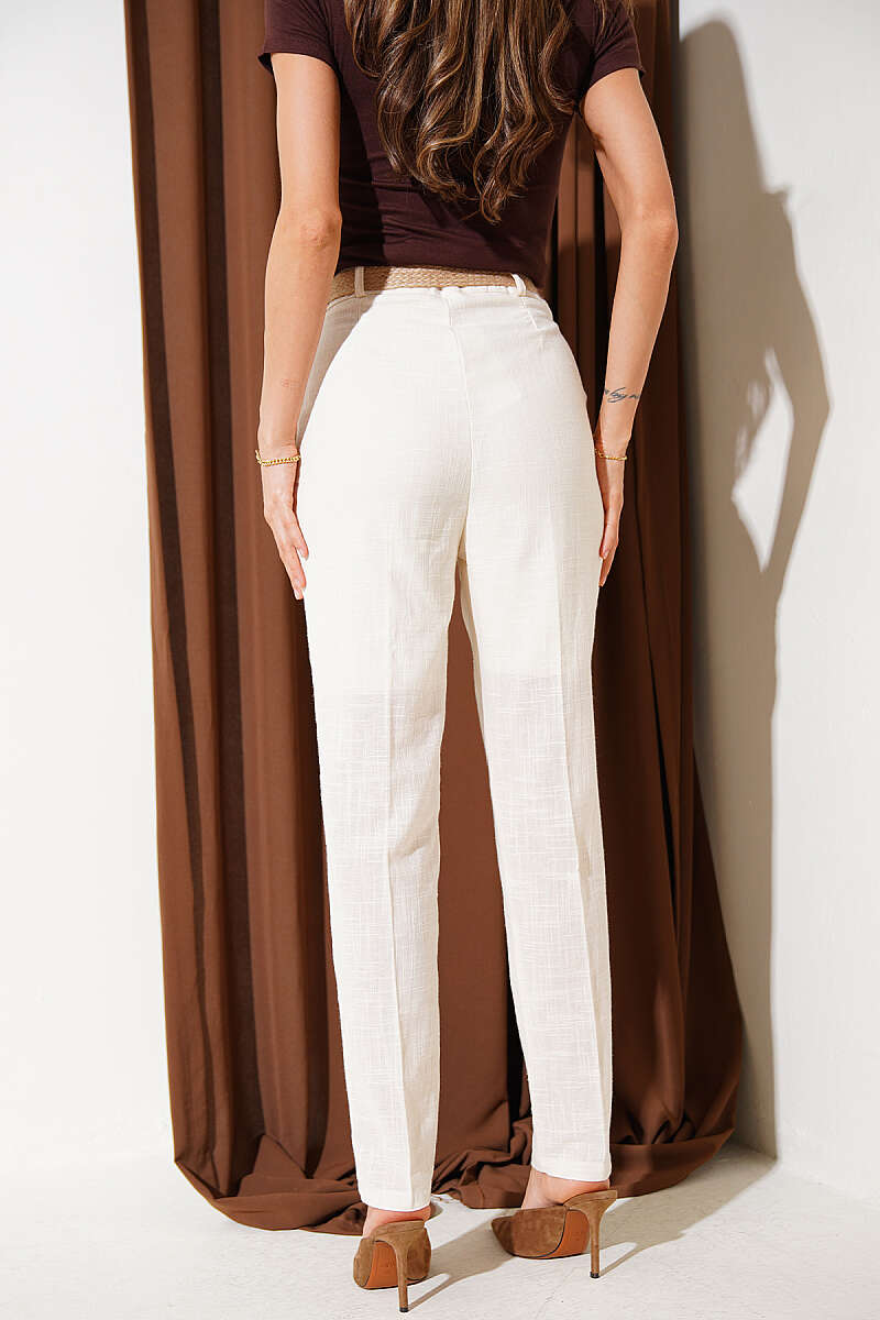 Slim-Leg Linen Trousers with Straw Belt - Beige