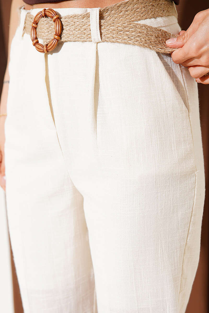 Slim-Leg Linen Trousers with Straw Belt - Beige