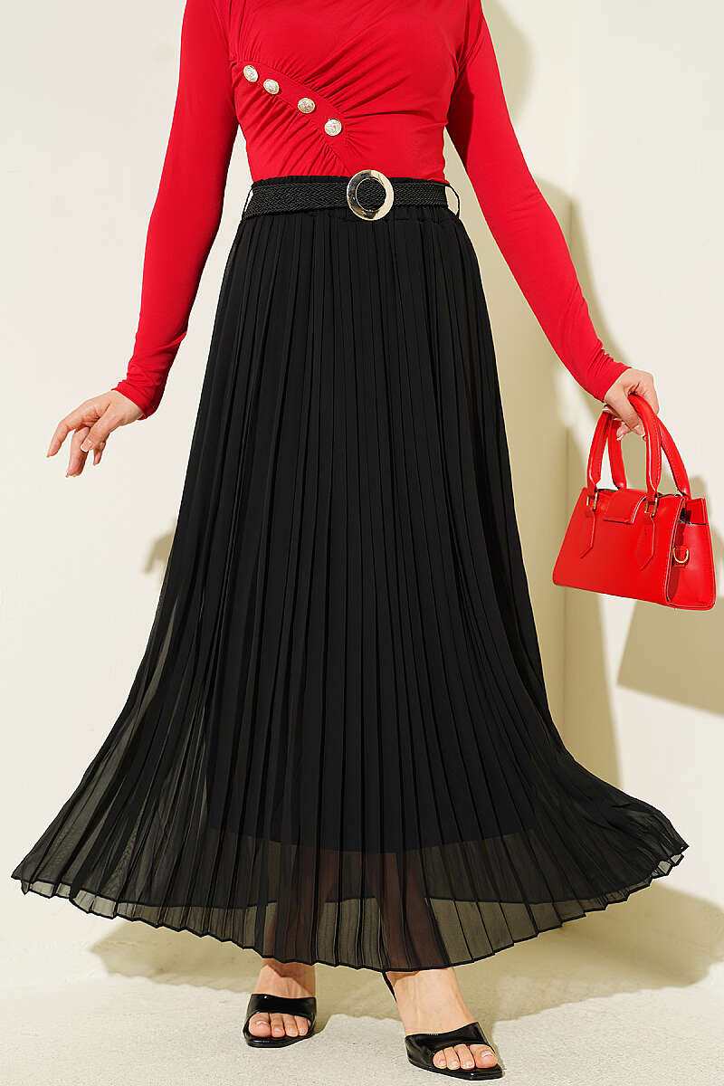 Pleated Tulle Skirt with Straw Belt - Black