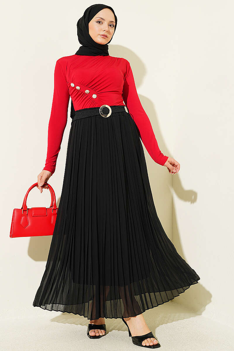 Pleated Tulle Skirt with Straw Belt - Black