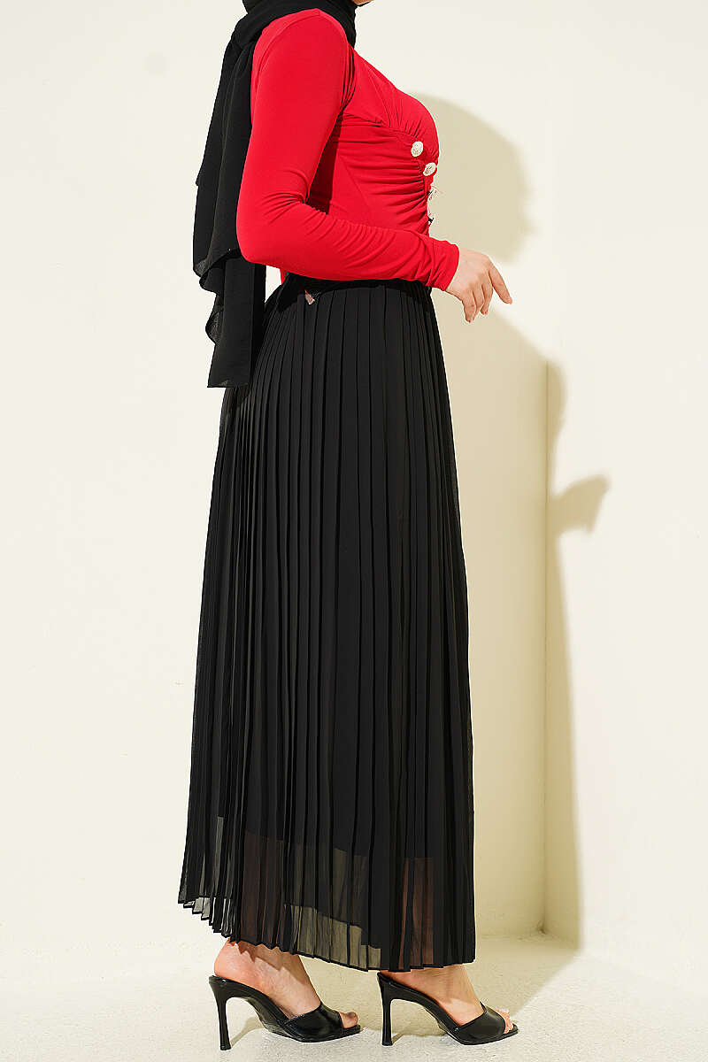 Pleated Tulle Skirt with Straw Belt - Black
