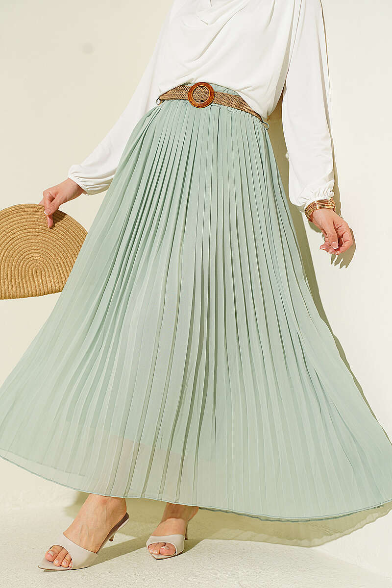 Pleated Tulle Skirt with Straw Belt - Green