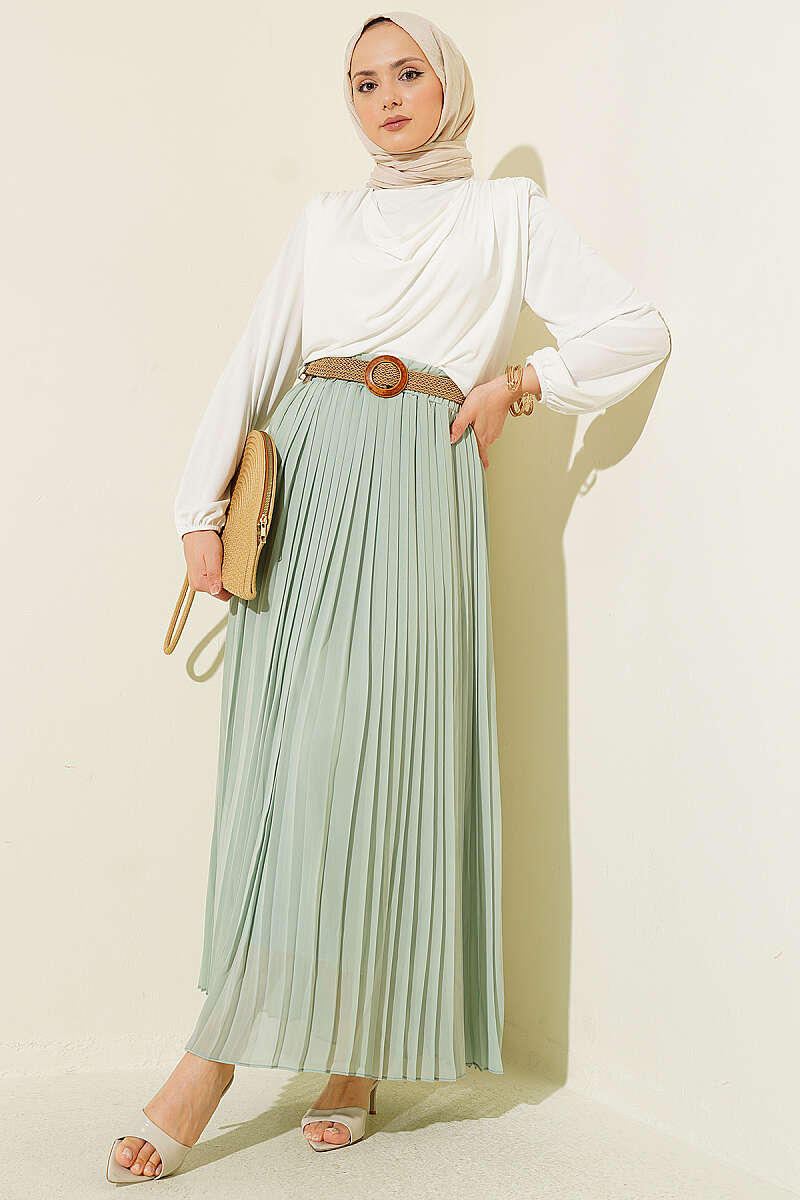 Pleated Tulle Skirt with Straw Belt - Green