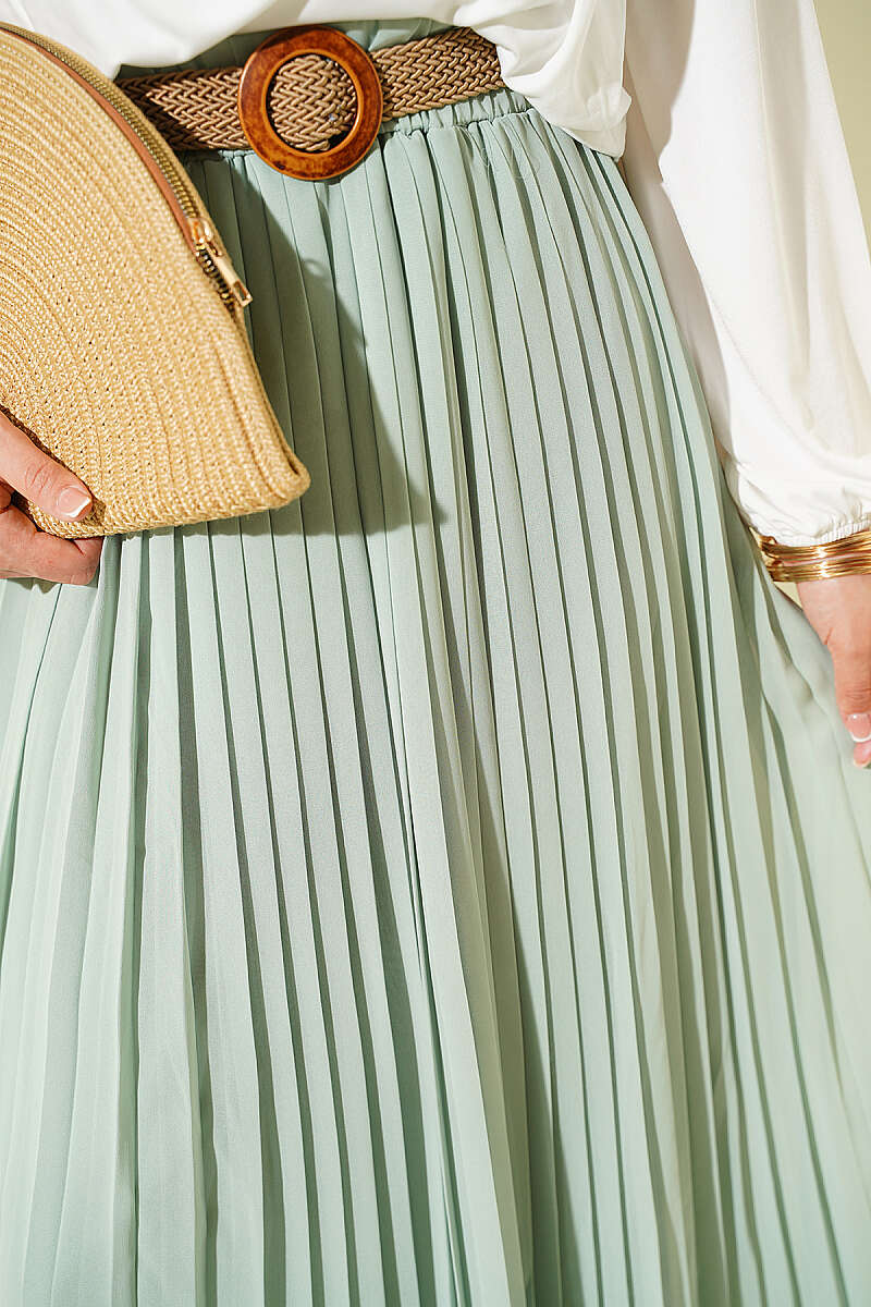 Pleated Tulle Skirt with Straw Belt - Green