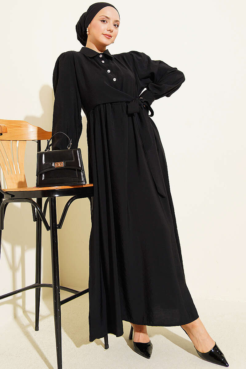 Side-Tie Dress with Stone Buttons - Black