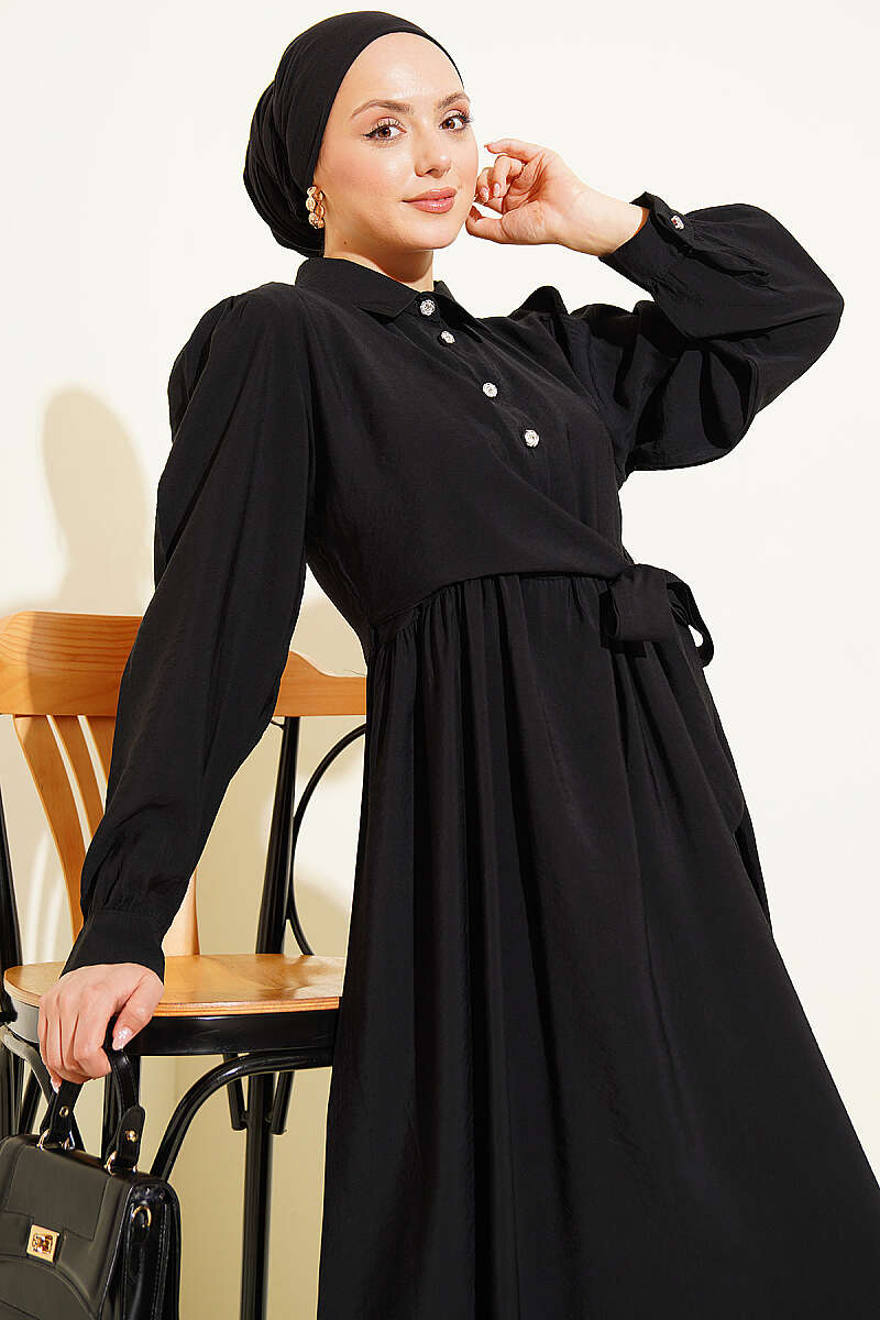 Side-Tie Dress with Stone Buttons - Black
