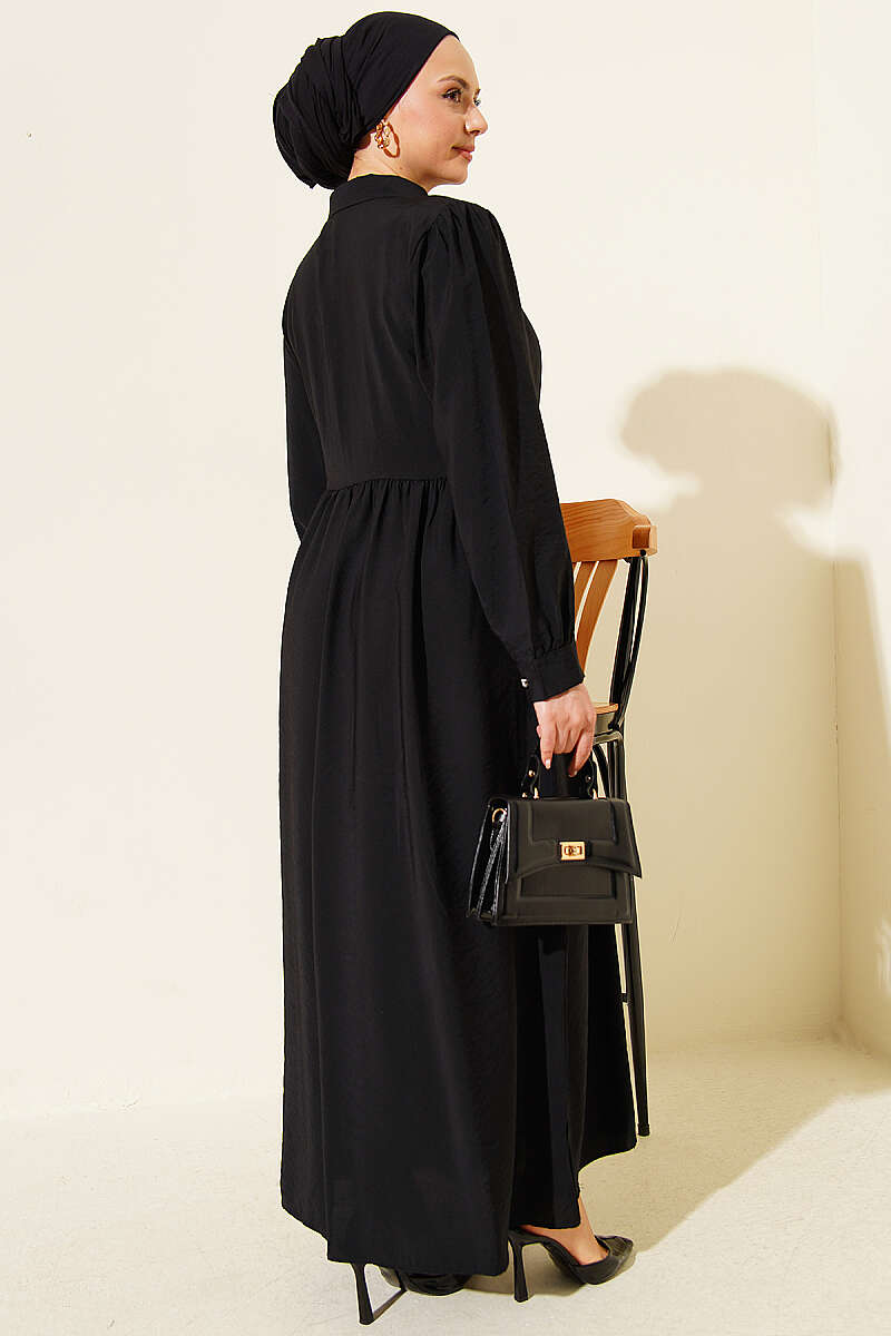 Side-Tie Dress with Stone Buttons - Black