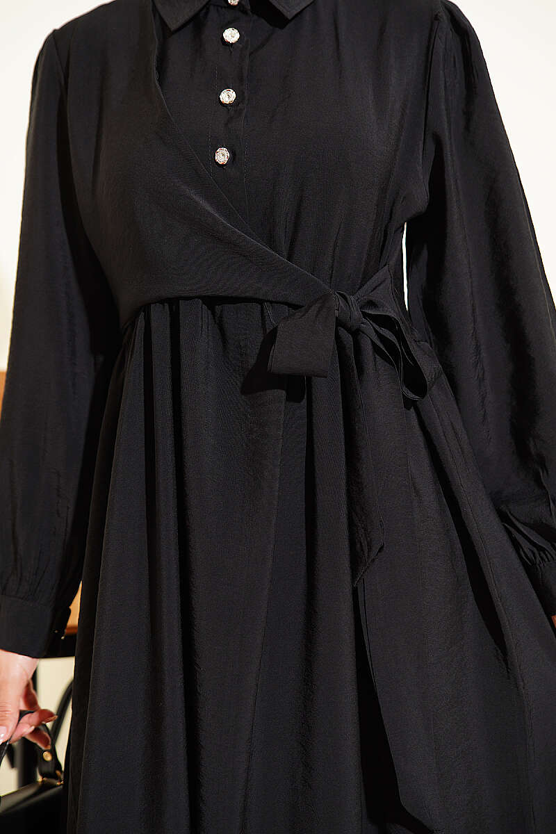 Side-Tie Dress with Stone Buttons - Black