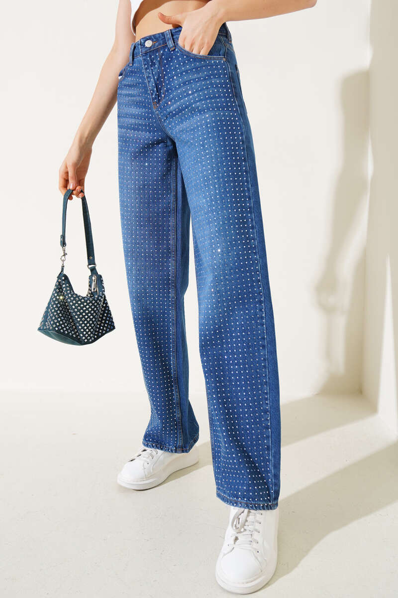 Stone-Embellished Denim Palazzo Pants - Classic Denim