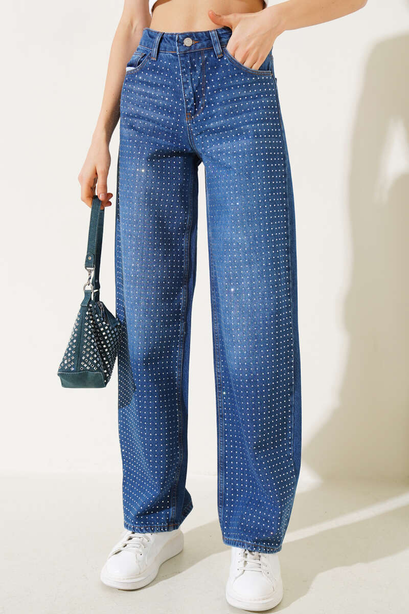 Stone-Embellished Denim Palazzo Pants - Classic Denim