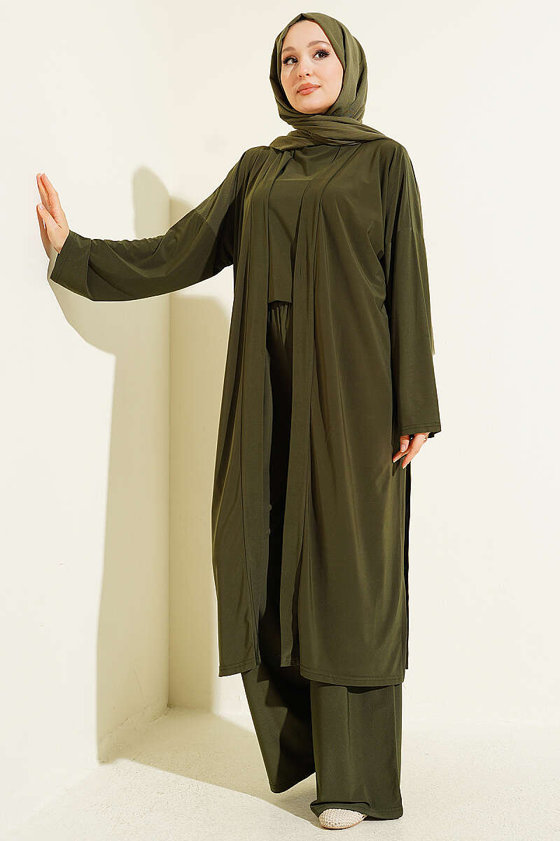 Basic Sandy Three-Piece Set with Cardigan - Khaki