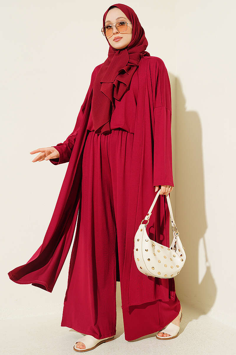 Basic Three-Piece Set with Cardigan - Burgundy