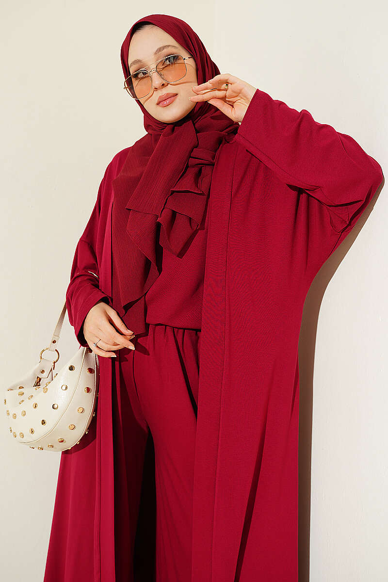 Basic Three-Piece Set with Cardigan - Burgundy