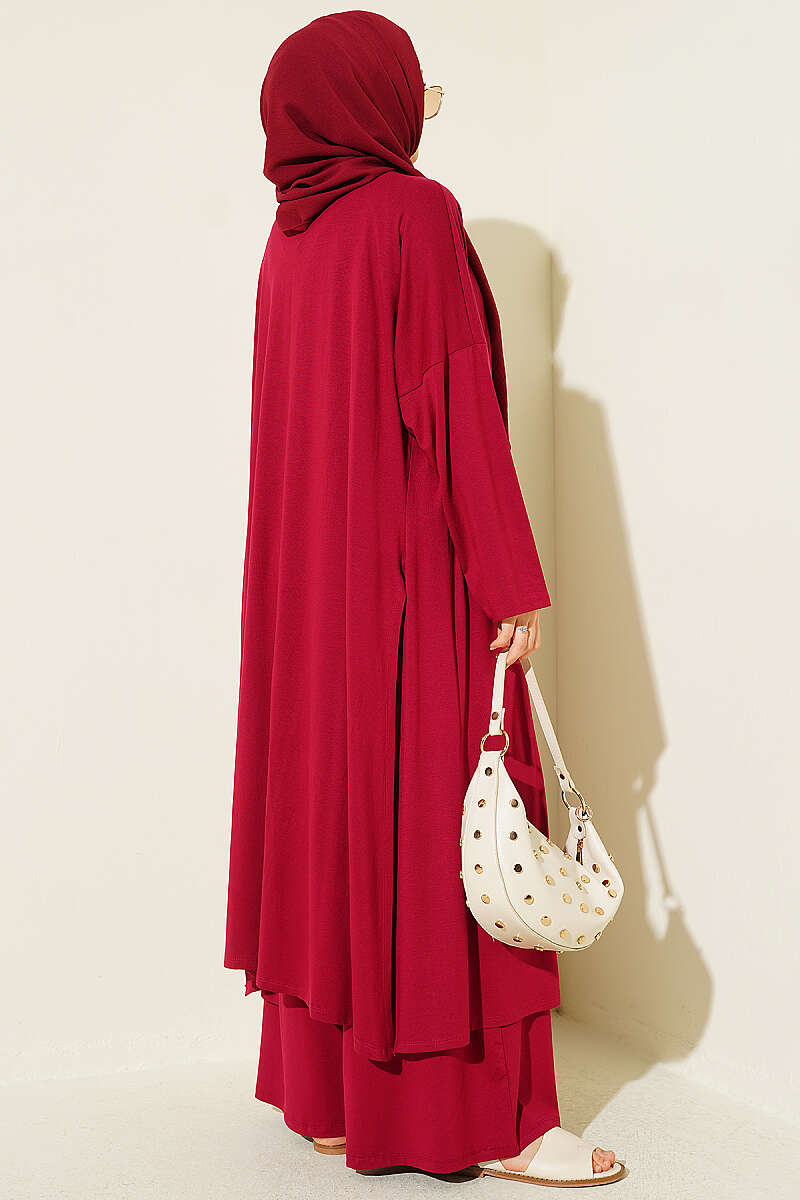 Basic Three-Piece Set with Cardigan - Burgundy