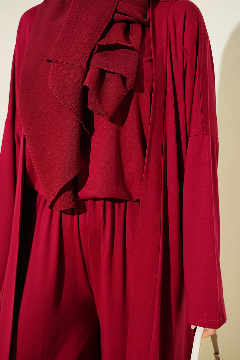 Basic Three-Piece Set with Cardigan - Burgundy