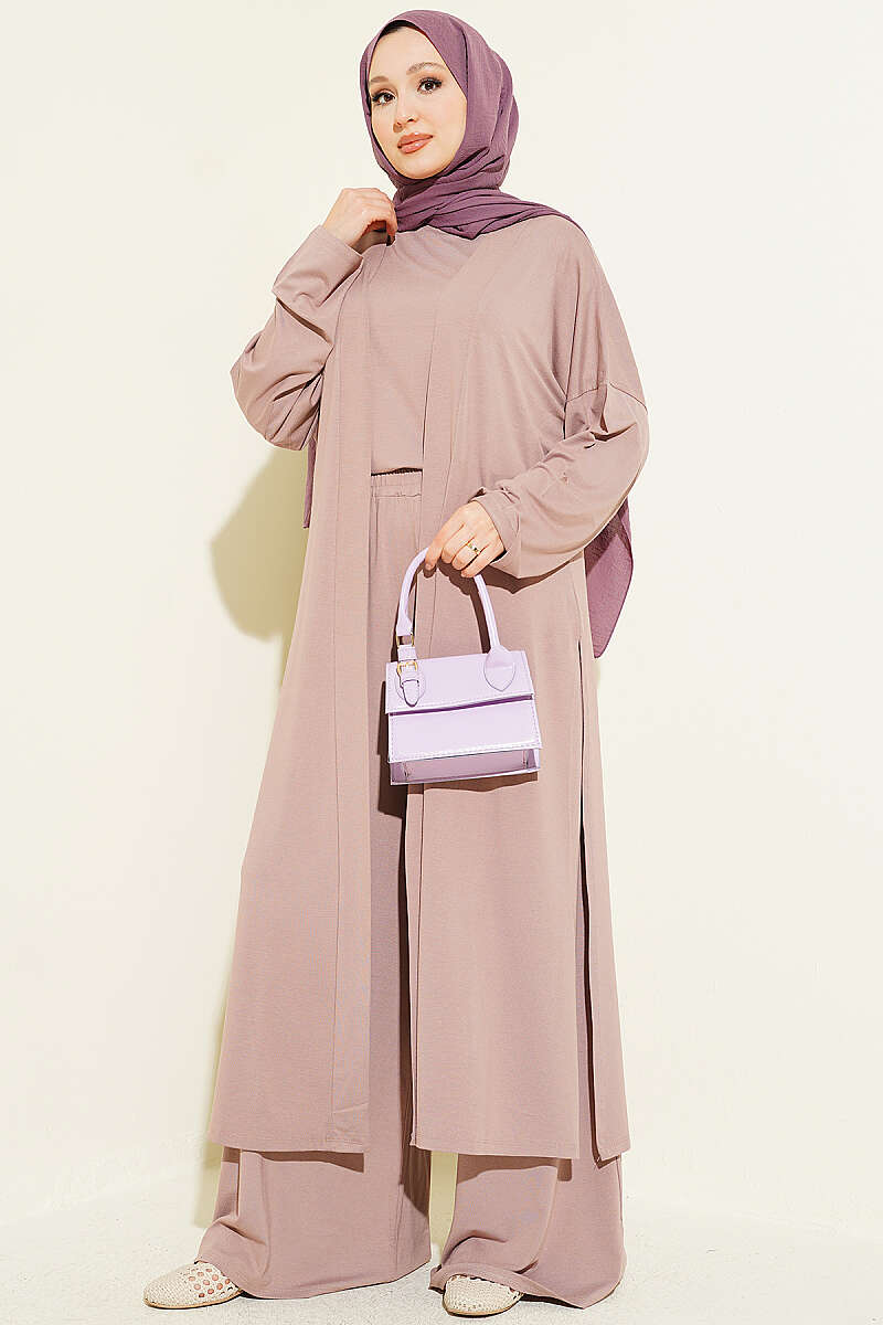 Basic Three-Piece Set with Cardigan - Dusty Rose