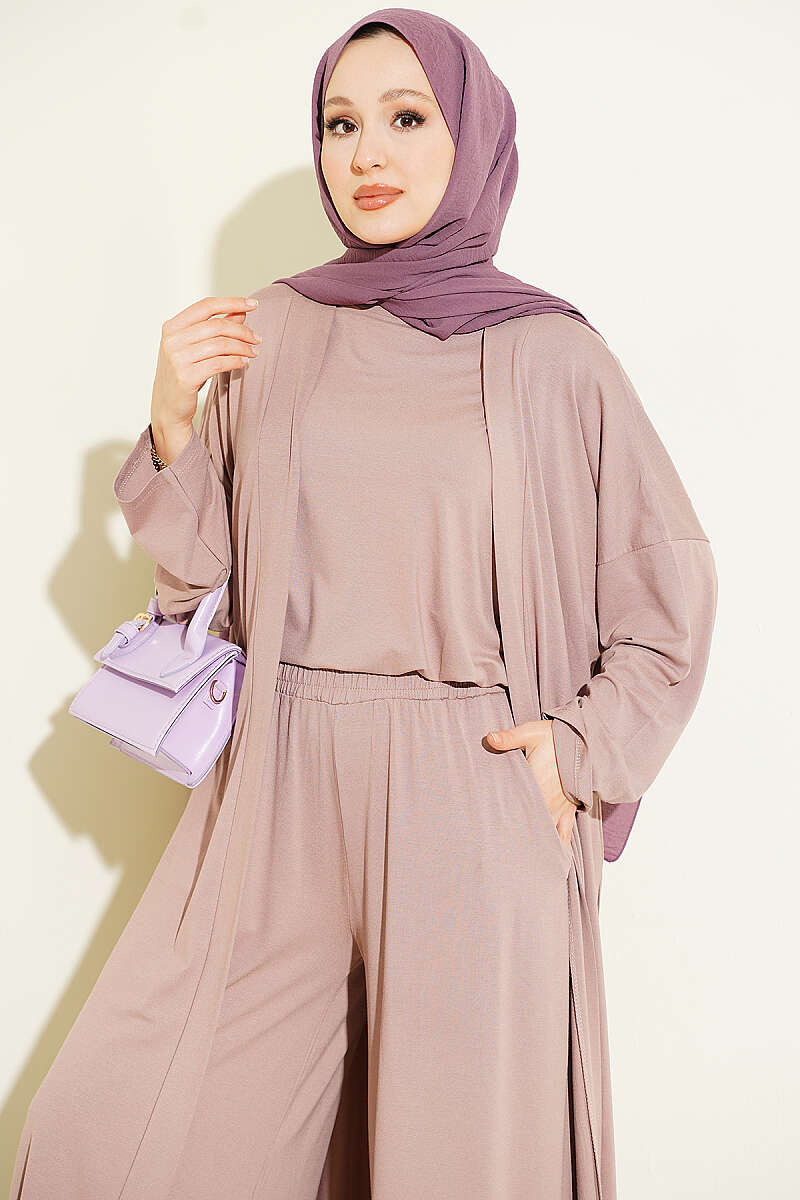 Basic Three-Piece Set with Cardigan - Dusty Rose