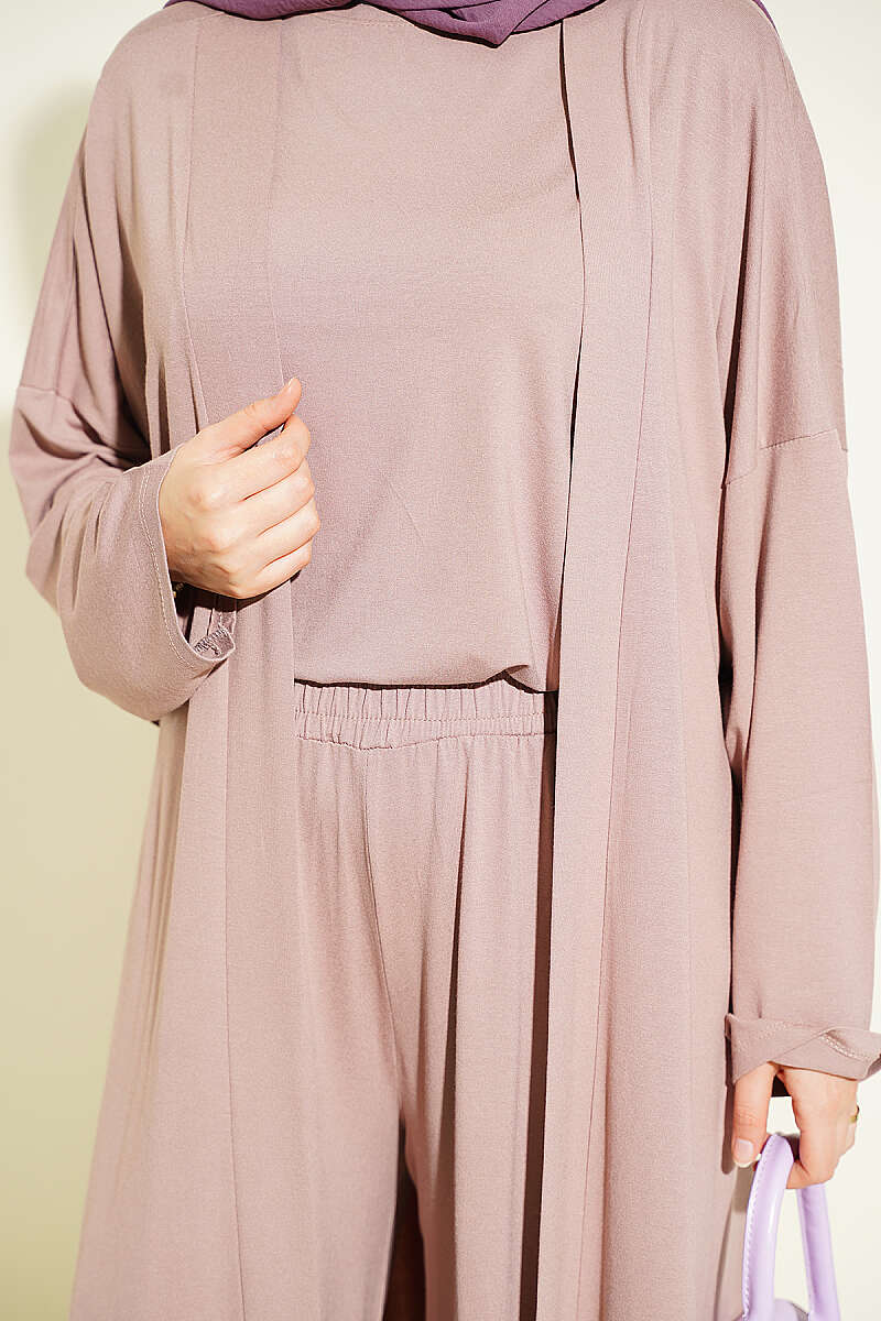 Basic Three-Piece Set with Cardigan - Dusty Rose