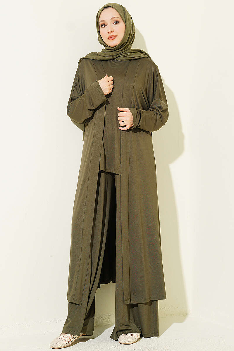 Basic Three-Piece Set with Cardigan - Khaki