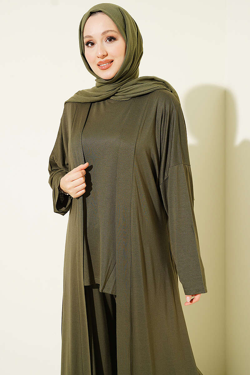 Basic Three-Piece Set with Cardigan - Khaki