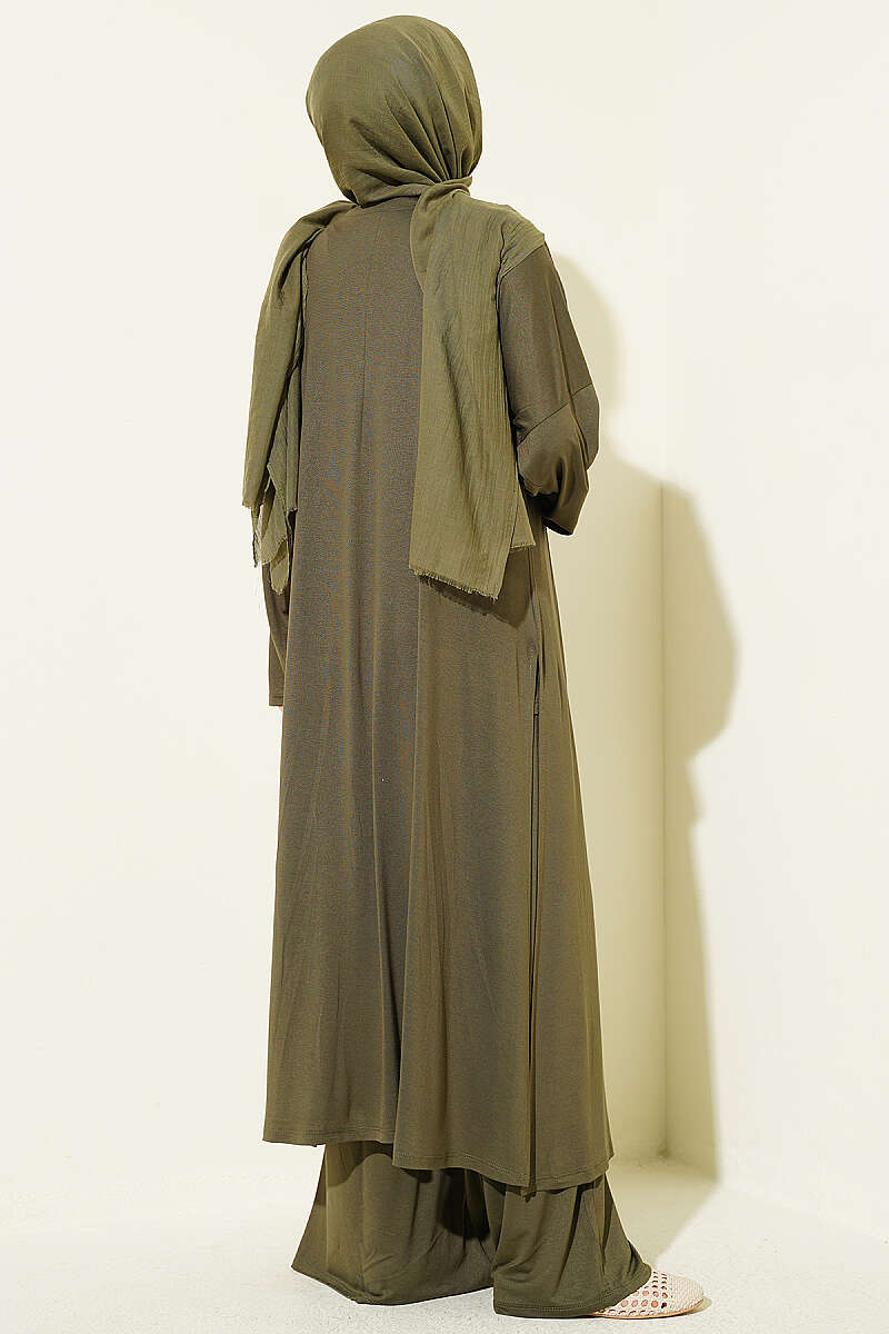 Basic Three-Piece Set with Cardigan - Khaki