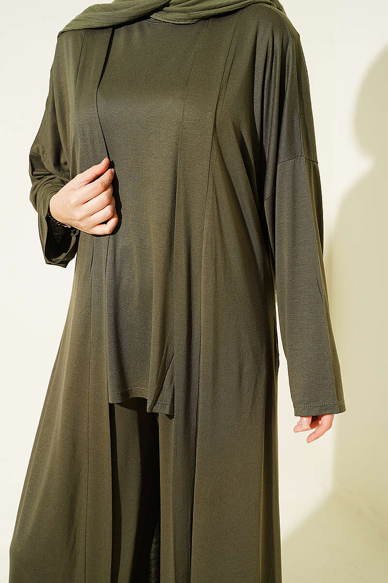 Basic Three-Piece Set with Cardigan - Khaki