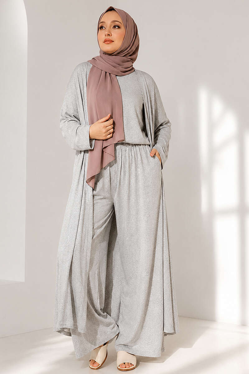 Basic Three-Piece Set with Cardigan - Heather Grey